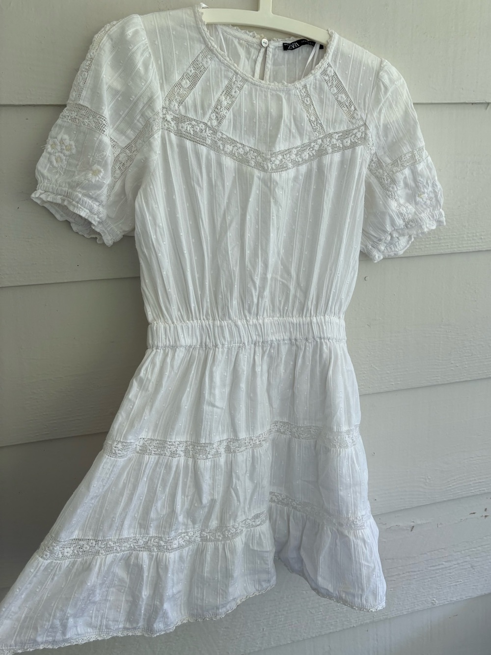 Zara White Lace Embroidered Mini Dress Puff Sleeve Cottagecore Size M Boho Fairy - Picture 3 of 8